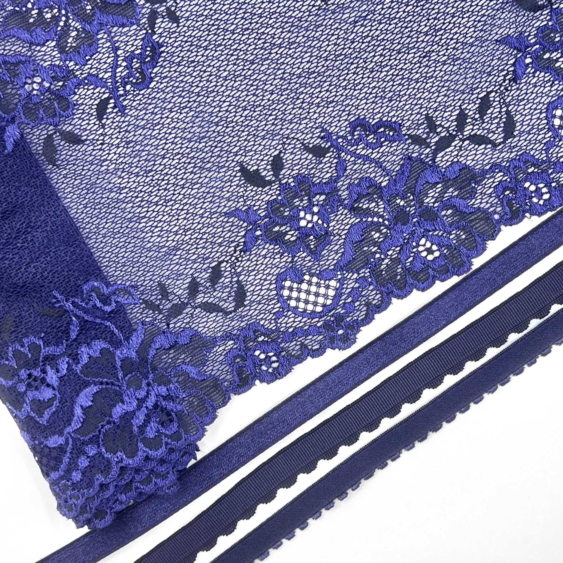 Dark blue elastic lace, 17cm width, with intricate floral details, ideal for sewing bras, panties, and lingerie sets.