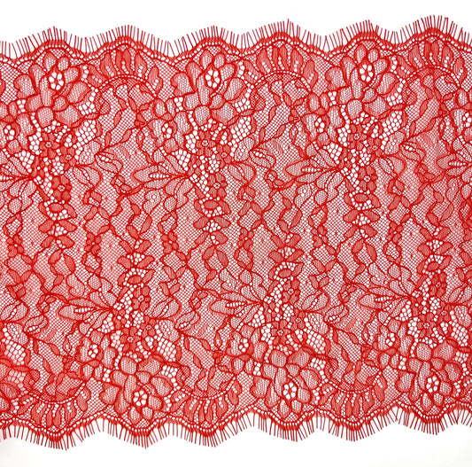 Red Chantilly lace, 22 cm wide, featuring a detailed floral design, perfect for lingerie sewing, decorative accents, and DIY craft projects