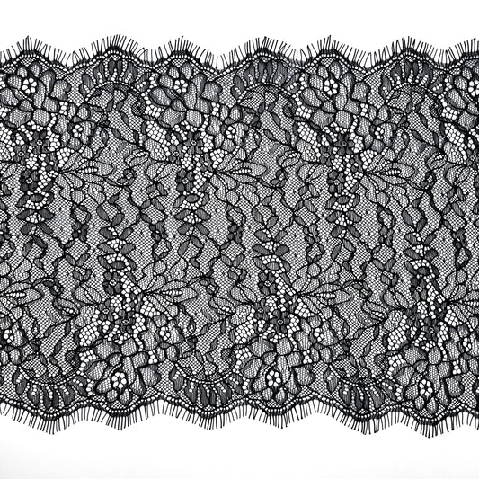 Black Chantilly lace, 22 cm wide, featuring an intricate floral pattern, ideal for lingerie sewing, decorative trims, and craft projects.