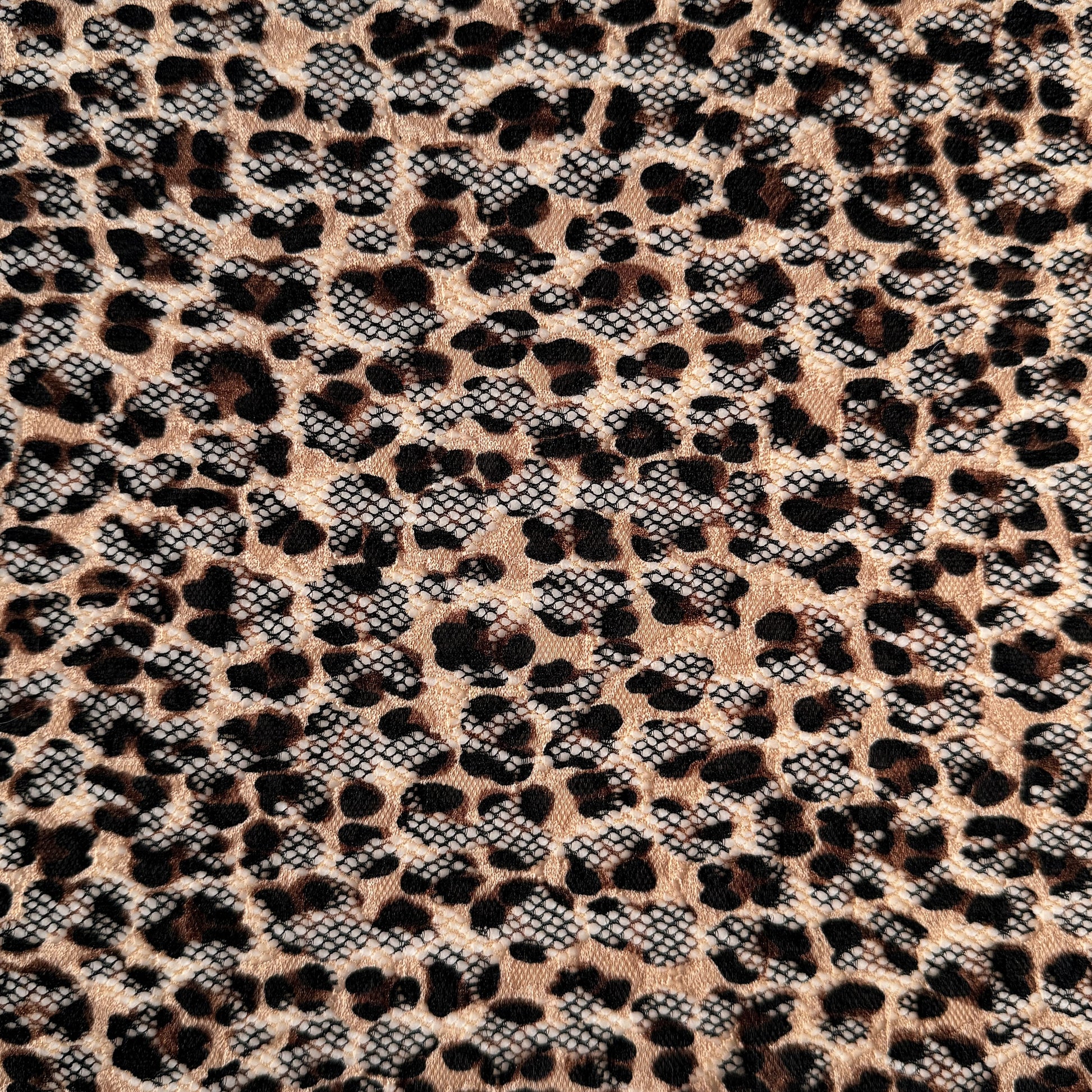 Close-up of leopard-print elastic lace fabric,  showcasing detailed patterns and texture, perfect for statement lingerie projects.