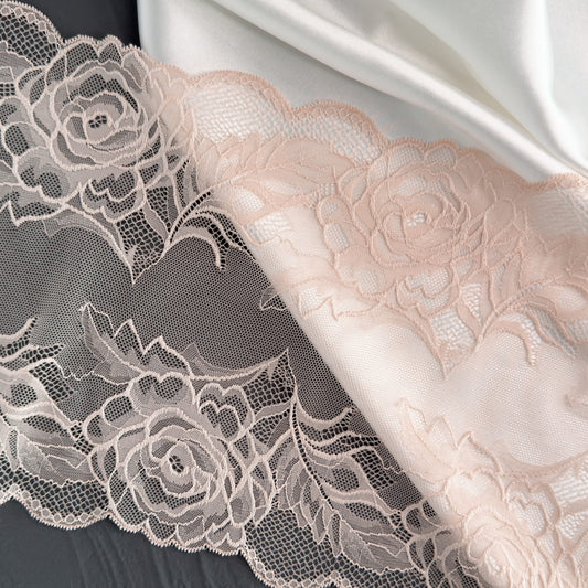 Nude beige elastic lace trim, 21cm wide, featuring intricate floral rose patterns, ideal for luxury lingerie sewing projects.