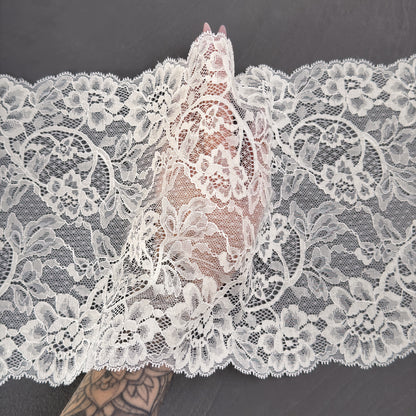 Close-up of white lace trim on a grey background
